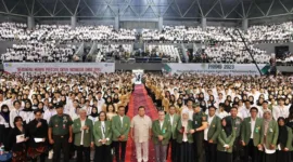 Menteri Pertahanan RI Prabowo Subianto memberikan pembekalan kepada mahasiswa baru Universitas Pembangunan Nasional (UPN) Veteran. (Dok. Tim Media Prabowo)