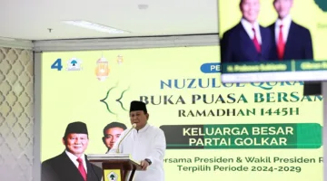 Presiden dan Wakil Presiden terpilih Prabowo Subianto dan Gibran Rakabuming Raka menghadiri Nuzulul Qur’an dan Buka Puasa bersama Partai Golkar di DPP Golkar. (Dok. Tim Media Prabowo)  